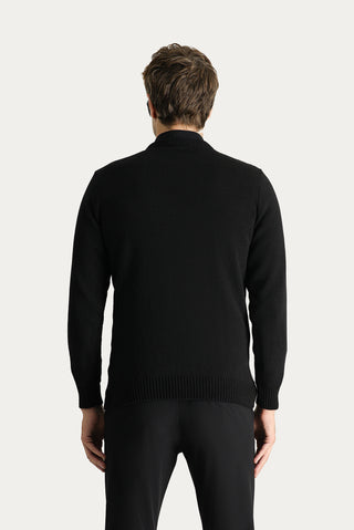  Siyah Bisiklet Yaka Slim Fit Dar Kesim Yünlü Desenli Pamuklu Triko Kazak