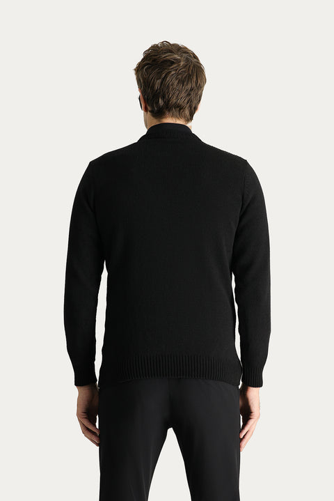 Siyah Bisiklet Yaka Slim Fit Dar Kesim Yünlü Desenli Pamuklu Triko Kazak