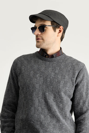 Orta Füme Bisiklet Yaka Regular Fit Desenli Yünlü Triko Kazak