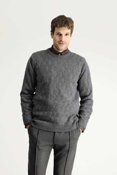 Orta Füme Bisiklet Yaka Regular Fit Desenli Yünlü Triko Kazak