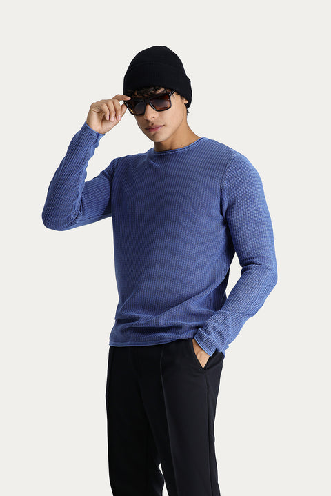İndigo Bisiklet Yaka Slim Fit Dar Kesim Desenli Pamuk Triko Kazak