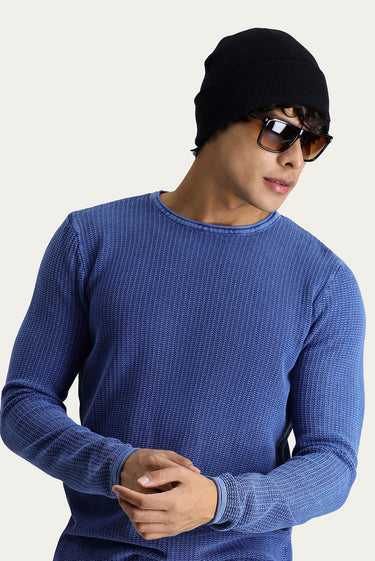 İndigo Bisiklet Yaka Slim Fit Dar Kesim Desenli Pamuk Triko Kazak