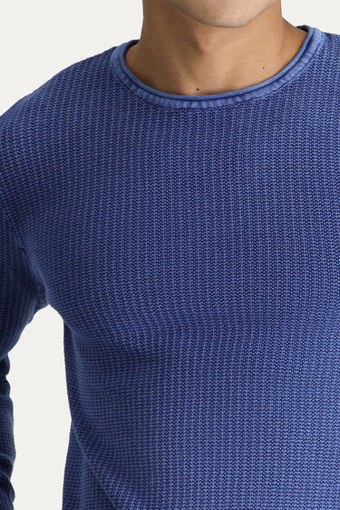 İndigo Bisiklet Yaka Slim Fit Dar Kesim Desenli Pamuk Triko Kazak
