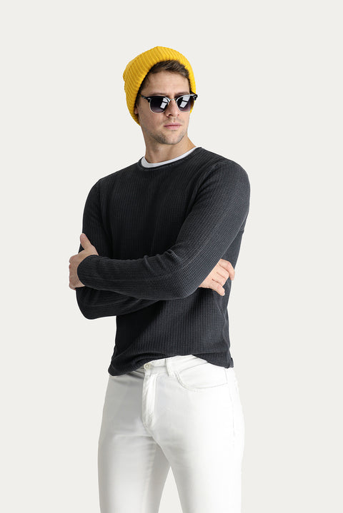 Koyu Antrasit Bisiklet Yaka Slim Fit Dar Kesim Desenli Pamuk Triko Kazak