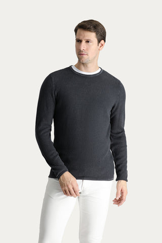  Koyu Antrasit Bisiklet Yaka Slim Fit Dar Kesim Desenli Pamuk Triko Kazak