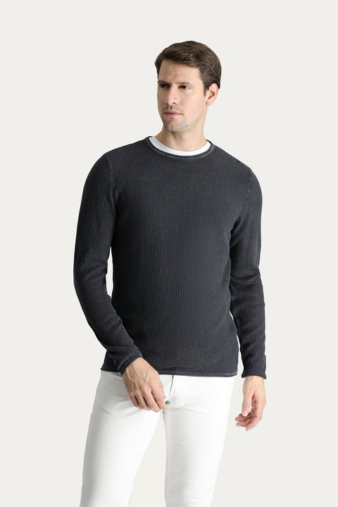 Koyu Antrasit Bisiklet Yaka Slim Fit Dar Kesim Desenli Pamuk Triko Kazak