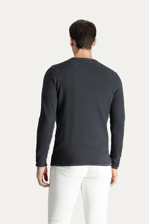 Koyu Antrasit Bisiklet Yaka Slim Fit Dar Kesim Desenli Pamuk Triko Kazak