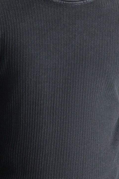 Koyu Antrasit Bisiklet Yaka Slim Fit Dar Kesim Desenli Pamuk Triko Kazak