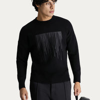 Siyah Bisiklet Yaka Baskılı Oversize Pamuklu Triko Kazak