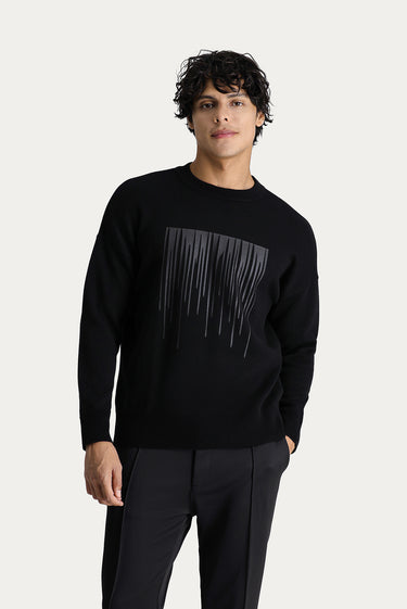  Siyah Bisiklet Yaka Baskılı Oversize Pamuklu Triko Kazak