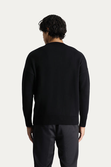  Siyah Bisiklet Yaka Baskılı Oversize Pamuklu Triko Kazak