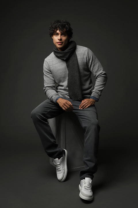 Orta Gri Melanj Bisiklet Yaka Slim Fit Dar Kesim Desenli Triko Kazak