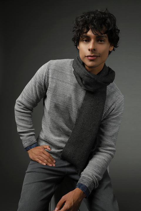 Orta Gri Melanj Bisiklet Yaka Slim Fit Dar Kesim Desenli Triko Kazak