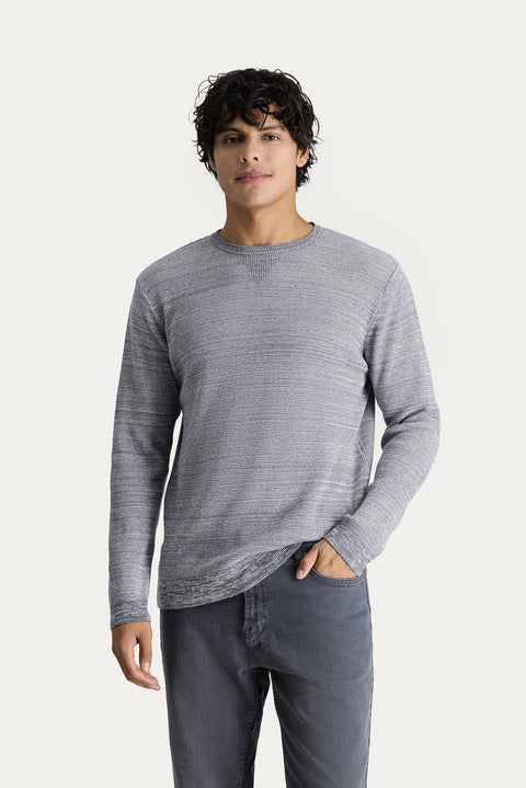 Orta Gri Melanj Bisiklet Yaka Slim Fit Dar Kesim Desenli Triko Kazak