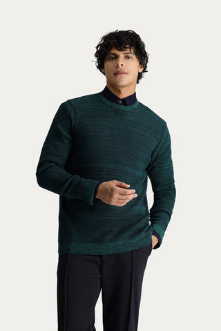  Koyu Yeşil Bisiklet Yaka Slim Fit Dar Kesim Desenli Triko Kazak