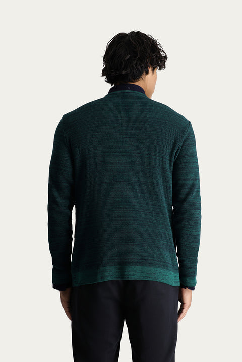 Koyu Yeşil Bisiklet Yaka Slim Fit Dar Kesim Desenli Pamuklu Triko Kazak