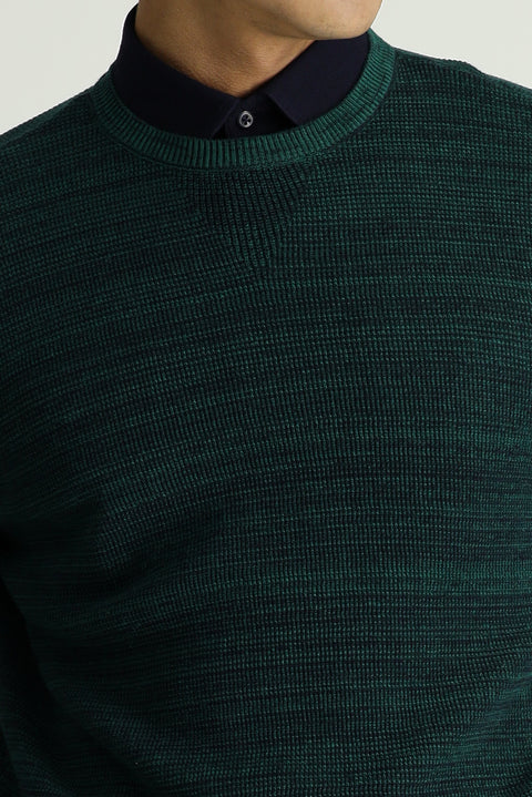 Koyu Yeşil Bisiklet Yaka Slim Fit Dar Kesim Desenli Pamuklu Triko Kazak