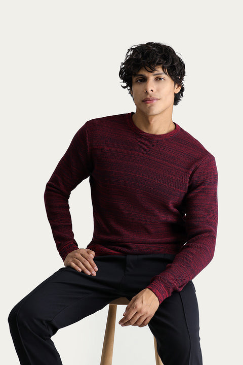 Koyu Kırmızı Bisiklet Yaka Slim Fit Dar Kesim Desenli Triko Kazak