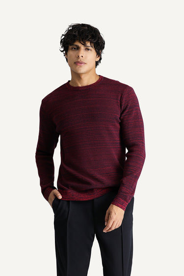 Koyu Kırmızı Bisiklet Yaka Slim Fit Dar Kesim Desenli Pamuklu Triko Kazak