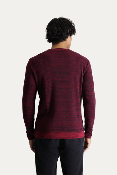 Koyu Kırmızı Bisiklet Yaka Slim Fit Dar Kesim Desenli Pamuklu Triko Kazak