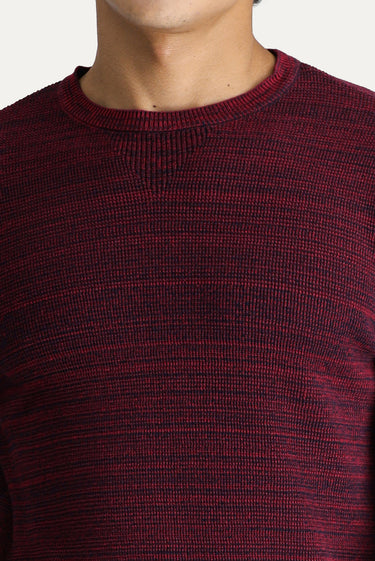 Koyu Kırmızı Bisiklet Yaka Slim Fit Dar Kesim Desenli Pamuklu Triko Kazak