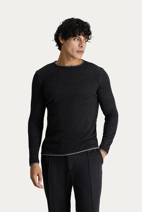 Siyah Bisiklet Yaka Slim Fit Dar Kesim Desenli Pamuklu Triko Kazak