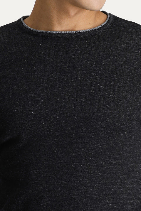 Siyah Bisiklet Yaka Slim Fit Dar Kesim Desenli Pamuklu Triko Kazak