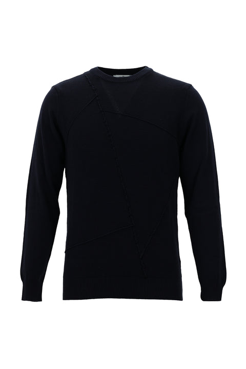 Koyu Lacivert Bisiklet Yaka Desenli Triko Kazak