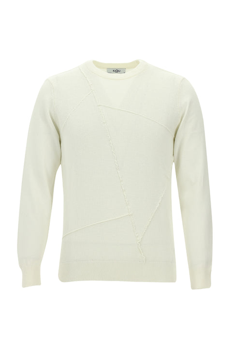 Ekru Bisiklet Yaka Desenli Triko Kazak