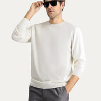 Ekru Bisiklet Yaka Slim Fit Dar Kesim Desenli Pamuklu Triko Kazak