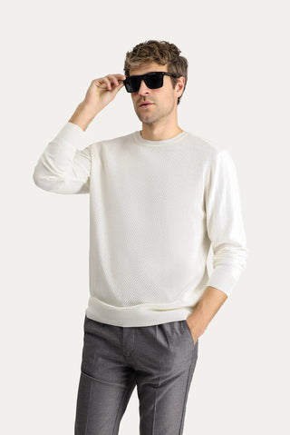  Ekru Bisiklet Yaka Slim Fit Dar Kesim Desenli Pamuklu Triko Kazak