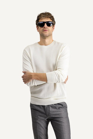  Ekru Bisiklet Yaka Slim Fit Dar Kesim Desenli Pamuklu Triko Kazak