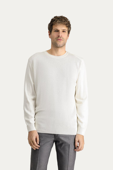  Ekru Bisiklet Yaka Slim Fit Dar Kesim Desenli Pamuklu Triko Kazak