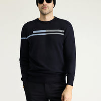 Koyu Lacivert Bisiklet Yaka Slim Fit Dar Kesim Desenli Pamuklu Triko Kazak