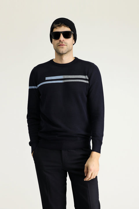 Koyu Lacivert Bisiklet Yaka Slim Fit Dar Kesim Desenli Pamuklu Triko Kazak