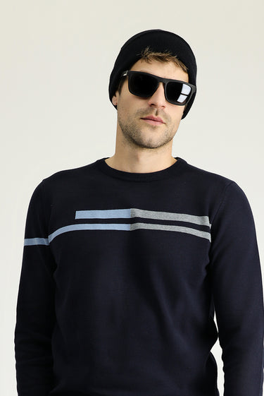  Koyu Lacivert Bisiklet Yaka Slim Fit Dar Kesim Desenli Pamuklu Triko Kazak