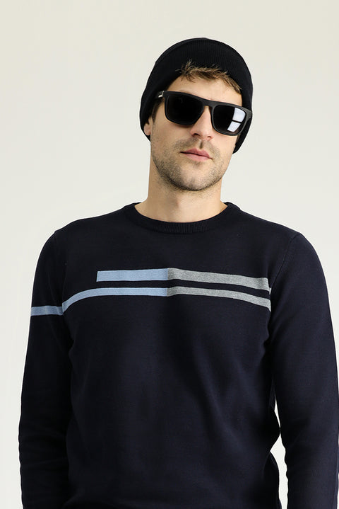 Koyu Lacivert Bisiklet Yaka Slim Fit Dar Kesim Desenli Pamuklu Triko Kazak