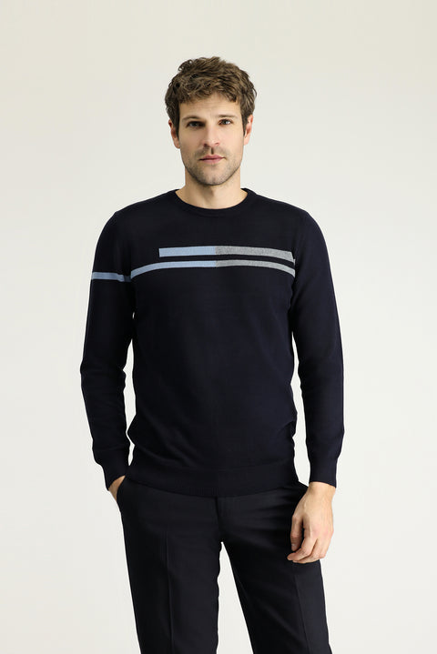 Koyu Lacivert Bisiklet Yaka Slim Fit Dar Kesim Desenli Pamuklu Triko Kazak