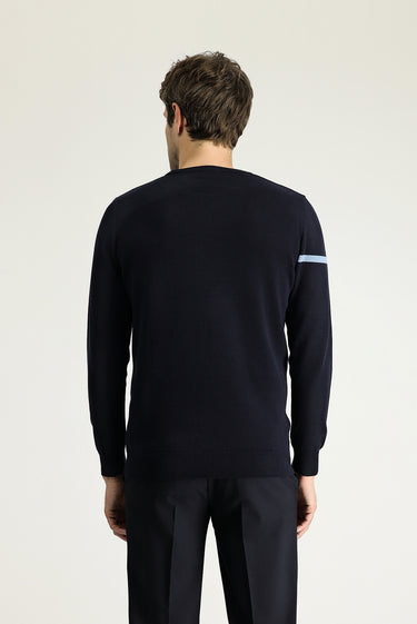  Koyu Lacivert Bisiklet Yaka Slim Fit Dar Kesim Desenli Pamuklu Triko Kazak