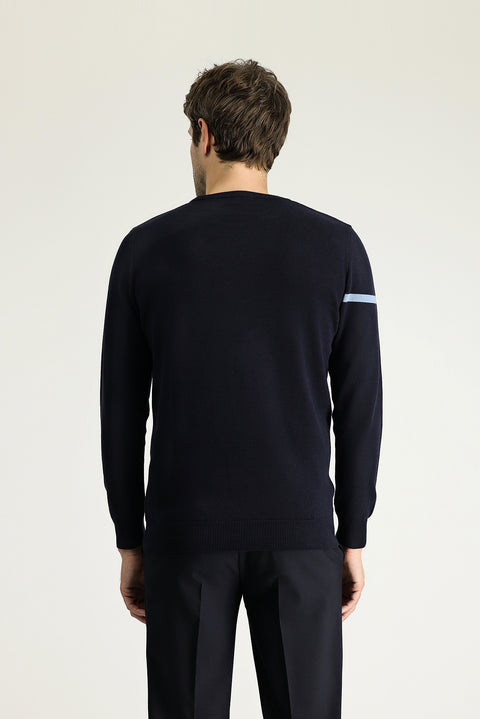 Koyu Lacivert Bisiklet Yaka Slim Fit Dar Kesim Desenli Pamuklu Triko Kazak