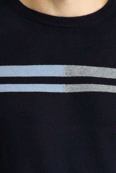 Koyu Lacivert Bisiklet Yaka Slim Fit Dar Kesim Desenli Pamuklu Triko Kazak