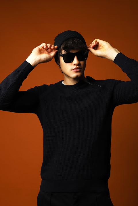 Koyu Lacivert Bisiklet Yaka Slim Fit Dar Kesim Fermuarlı Desenli Pamuklu Triko Kazak