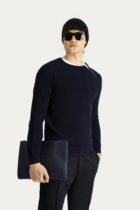 Koyu Lacivert Bisiklet Yaka Slim Fit Dar Kesim Fermuarlı Desenli Pamuklu Triko Kazak