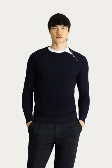 Koyu Lacivert Bisiklet Yaka Slim Fit Dar Kesim Fermuarlı Desenli Pamuklu Triko Kazak