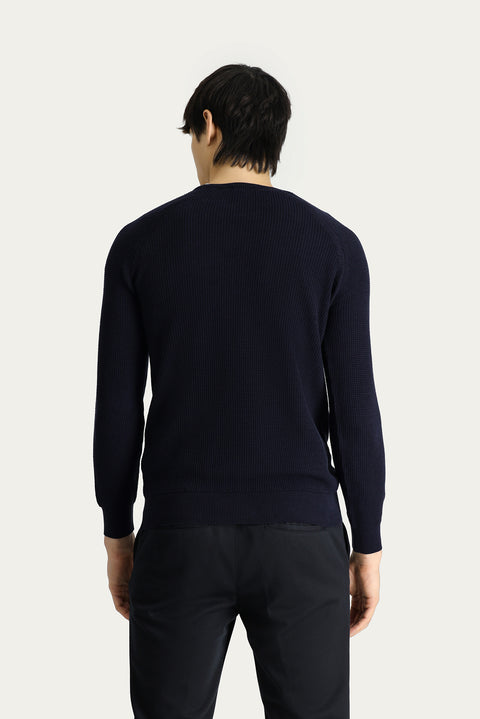 Koyu Lacivert Bisiklet Yaka Slim Fit Dar Kesim Fermuarlı Desenli Pamuklu Triko Kazak