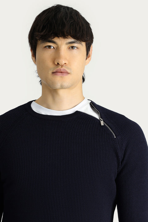 Koyu Lacivert Bisiklet Yaka Slim Fit Dar Kesim Fermuarlı Desenli Pamuklu Triko Kazak