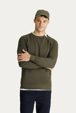  Orta Haki Bisiklet Yaka Slim Fit Dar Kesim Fermuarlı Desenli Pamuklu Triko Kazak