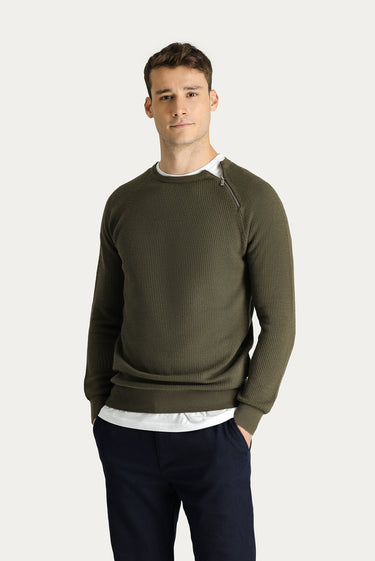Orta Haki Bisiklet Yaka Slim Fit Dar Kesim Fermuarlı Desenli Pamuklu Triko Kazak