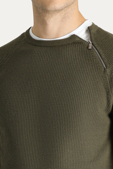 Orta Haki Bisiklet Yaka Slim Fit Dar Kesim Fermuarlı Desenli Pamuklu Triko Kazak