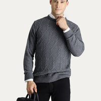 Orta Füme Bisiklet Yaka Slim Fit Dar Kesim Yünlü Desenli Triko Kazak